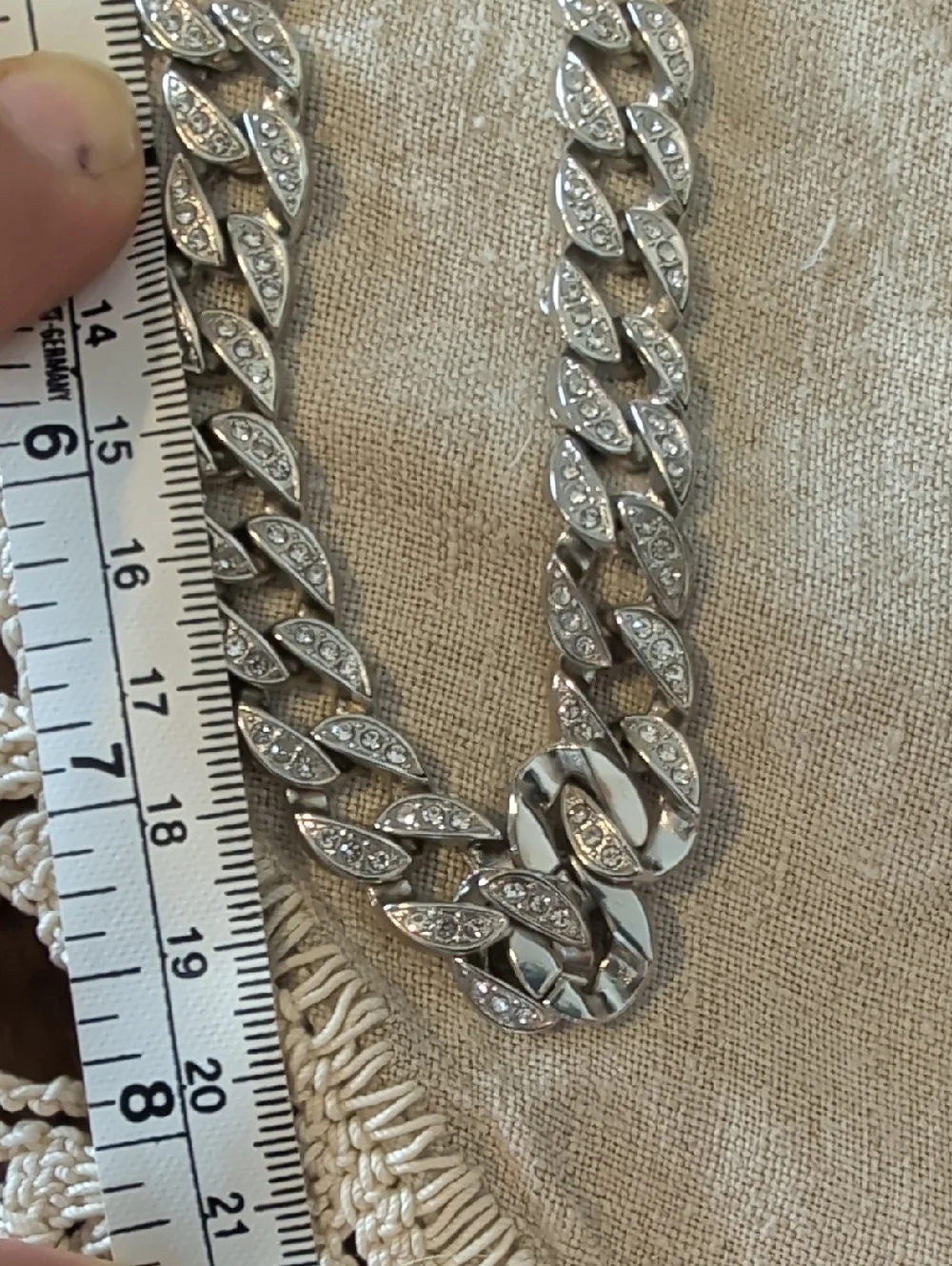 Y2K Rhinestone Cuban Link Necklace Silver Tone Glam Chain Pavé Crystal Detail